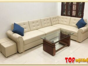 Hình ảnh Sofa da góc vuông rút khuy đính cúc lưng đẹp sang SofTop-0510