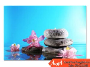 Tranh treo tường Spa hình ảnh đá xếp chồng nên nhau với hoa lan trên nền xanh AmiA 1004262024