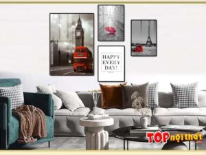 Bộ 4 bức tranh Canvas tháp Eiffel đẹp treo trên sofa TraTop-3538